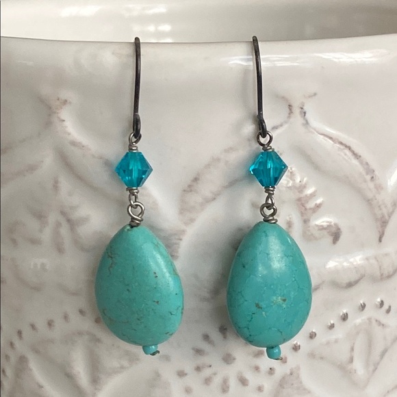 Turquoise Teardrop Swarovski Accent Drop Earrings Ocean Crystal Accents Bohemian - Picture 6 of 6